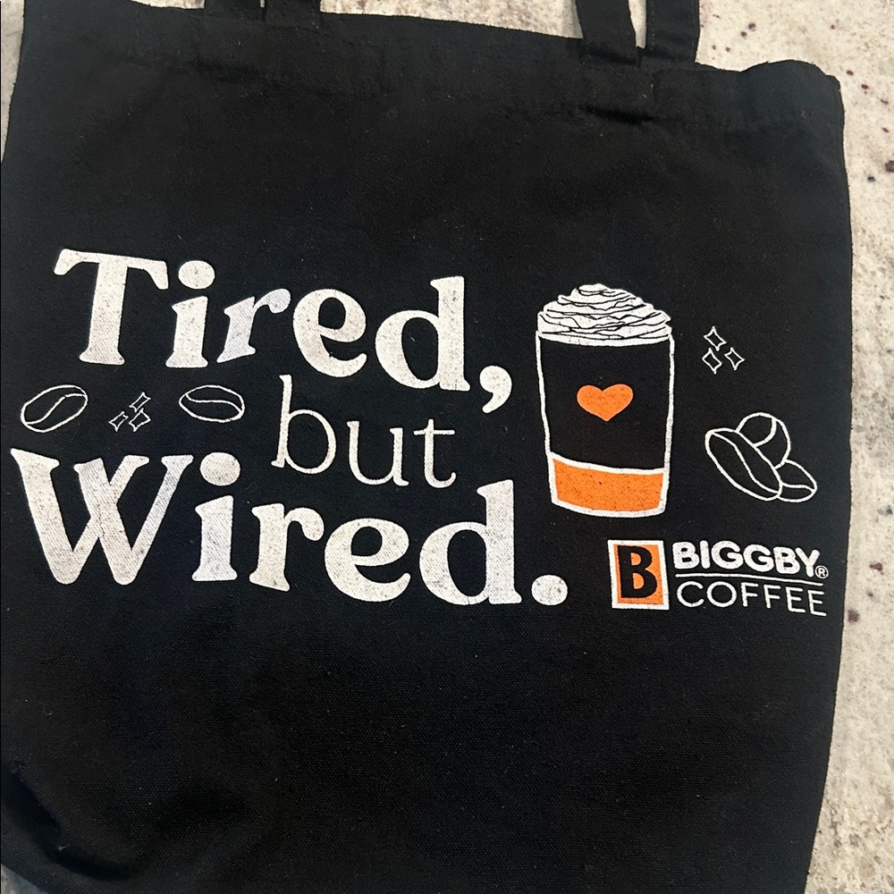 Biggby Coffee Black Tote canvas reusable Bags black and orange tired but wired - Picture 2 of 7